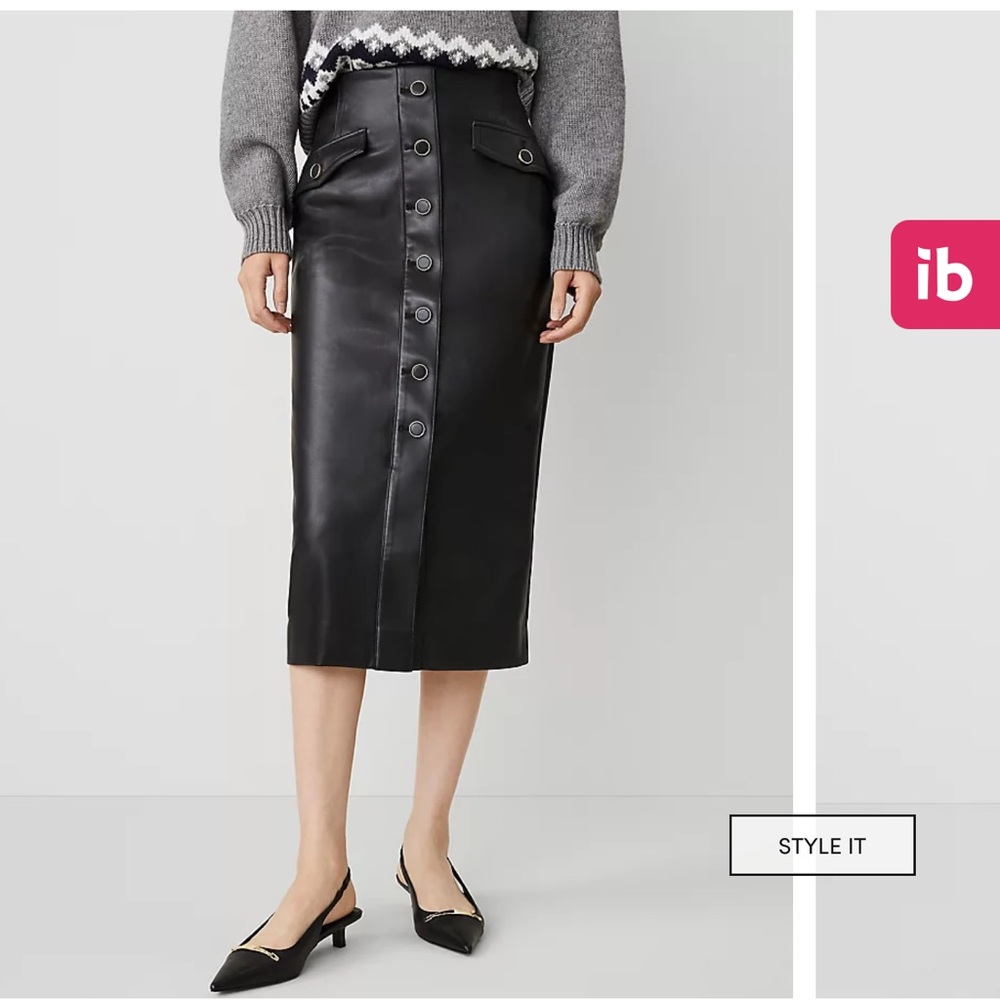 ANN TAYLOR Faux Leather Midi Skirt with Gold Buttons Size 2